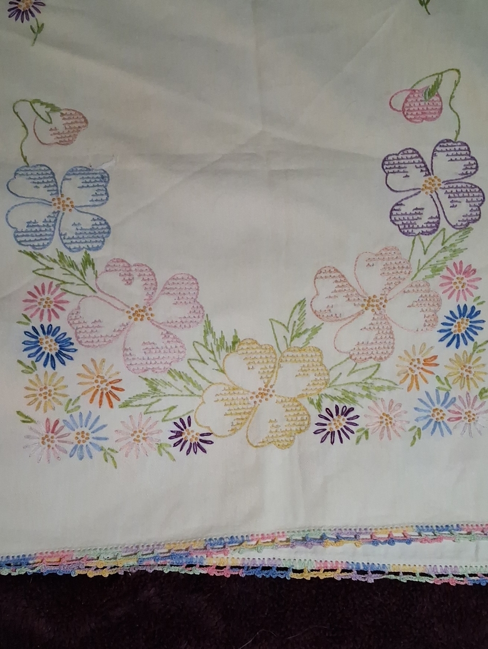 Hand Embroidered Floral Table Linen in Pastel Colors